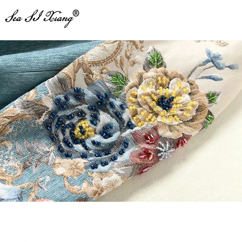 

Seasixiang Fashion Designer Autumn Winter Women's Jacquard Jackets Beaded Flower Print Long sleeve Outwear