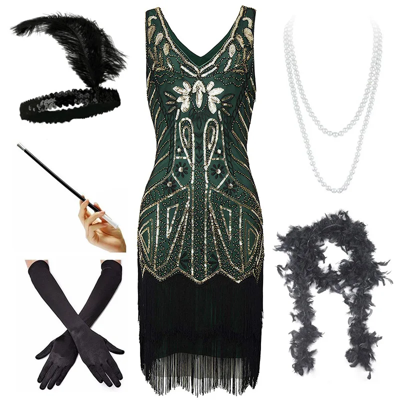 Green Set (B) Женские Хлопушки платья 1920s бисером бахромой платье Грейт Гэтсби w/Набор аксессуаров xs-xxl - Цвет: Green Set (B)