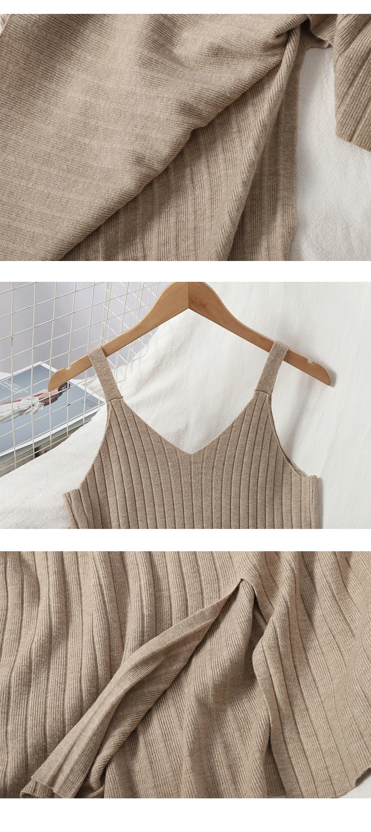 

Summer Autumn Dress Korean Spaghetti Strap V Neck Bottoming Dress Casual Slim A Line Solid Big Swing Knit Dresses Vestidos Mujer