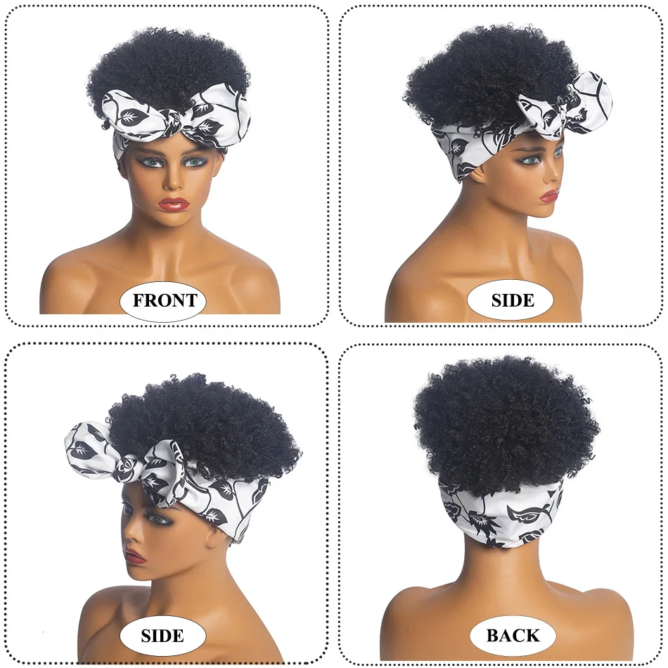 

GAKA Women Short Synthetic Wigs for Women Bowknot Head Wrap 2 In 1 Curly Afro Wig Heat Resistant Black Hair Drawstring High Puff