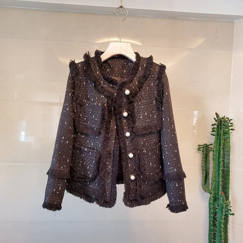 

Женская твидовая куртка, черная однобортная куртка-бомбер большого размера с жемчужными бахромой, верхняя одежда в стиле Харадзюку на осен...