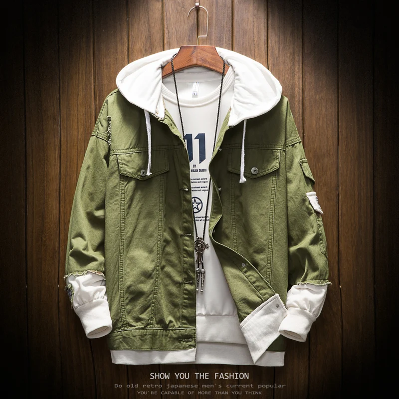 Мужская Осенняя джинсовая куртка с капюшоном розовая хорошего качества