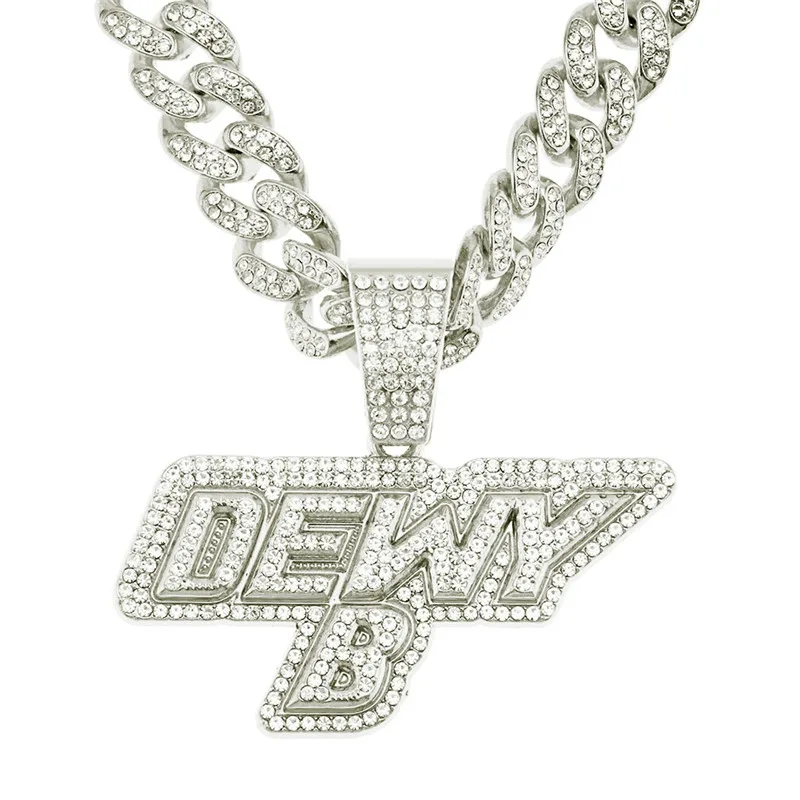 

Iced Out Cubic Zircon Letter Dewyb Pendant With 13mm Width Rhinestone Miami Cuban Chain Necklace For Men Women Hip Hop Party Jew