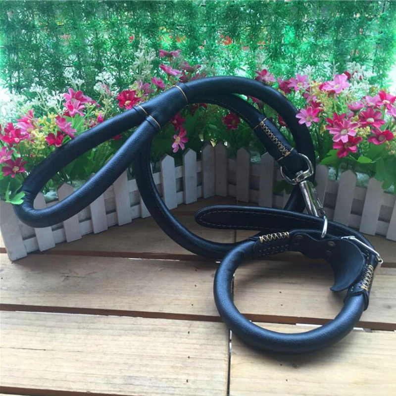 Medium Large Dog Real Leather Collar+Leash Round Strong Firm Leash Set Pet Collar High Quality Big | Дом и сад