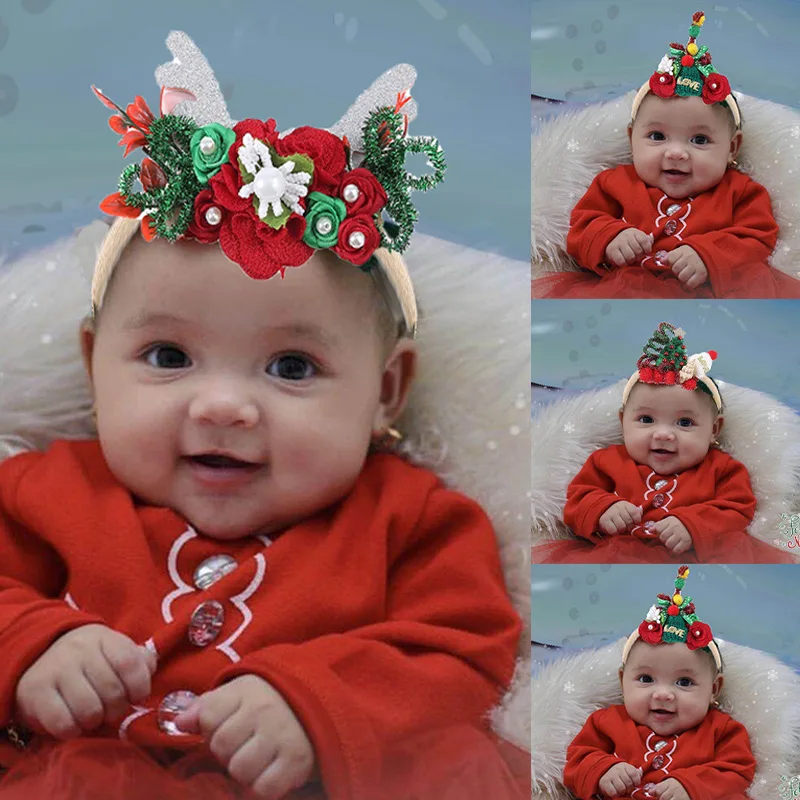 

Wecute Baby Headband Christmas Baby Antlers Hair Accessories Artificial Flower High Elastic Nylon Headwear Kawai Christmas Gift