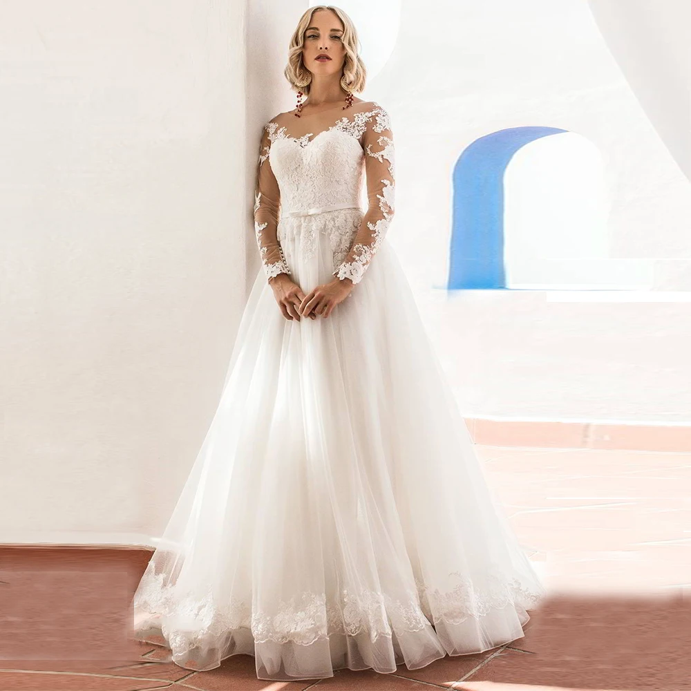 

Glamorous Tulle Jewel Neckline A Line Wedding Dresses With Lace Appliques Belt Long Sleeve Wedding Gowns Vestido de Noiva