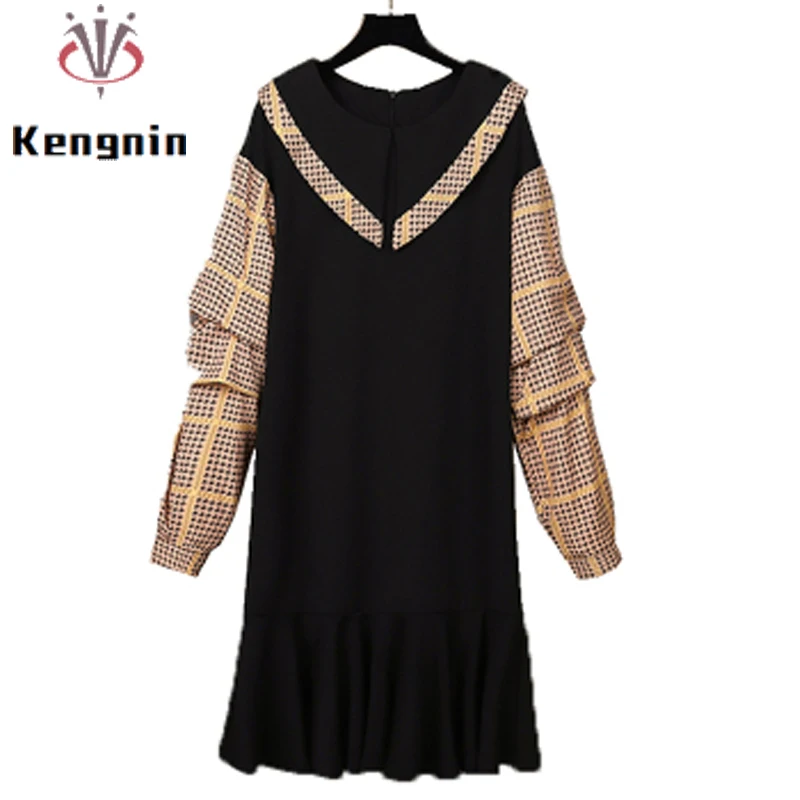 

Женское свободное платье составного кроя с оборками, повседневное черное платье большого размера 4XL, модель KE2247 на весну, 2022