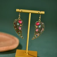 vintage bohemian boho ethnic gold color wings indian earrings hanging crystal beads dangle earrings women jewelry accessories