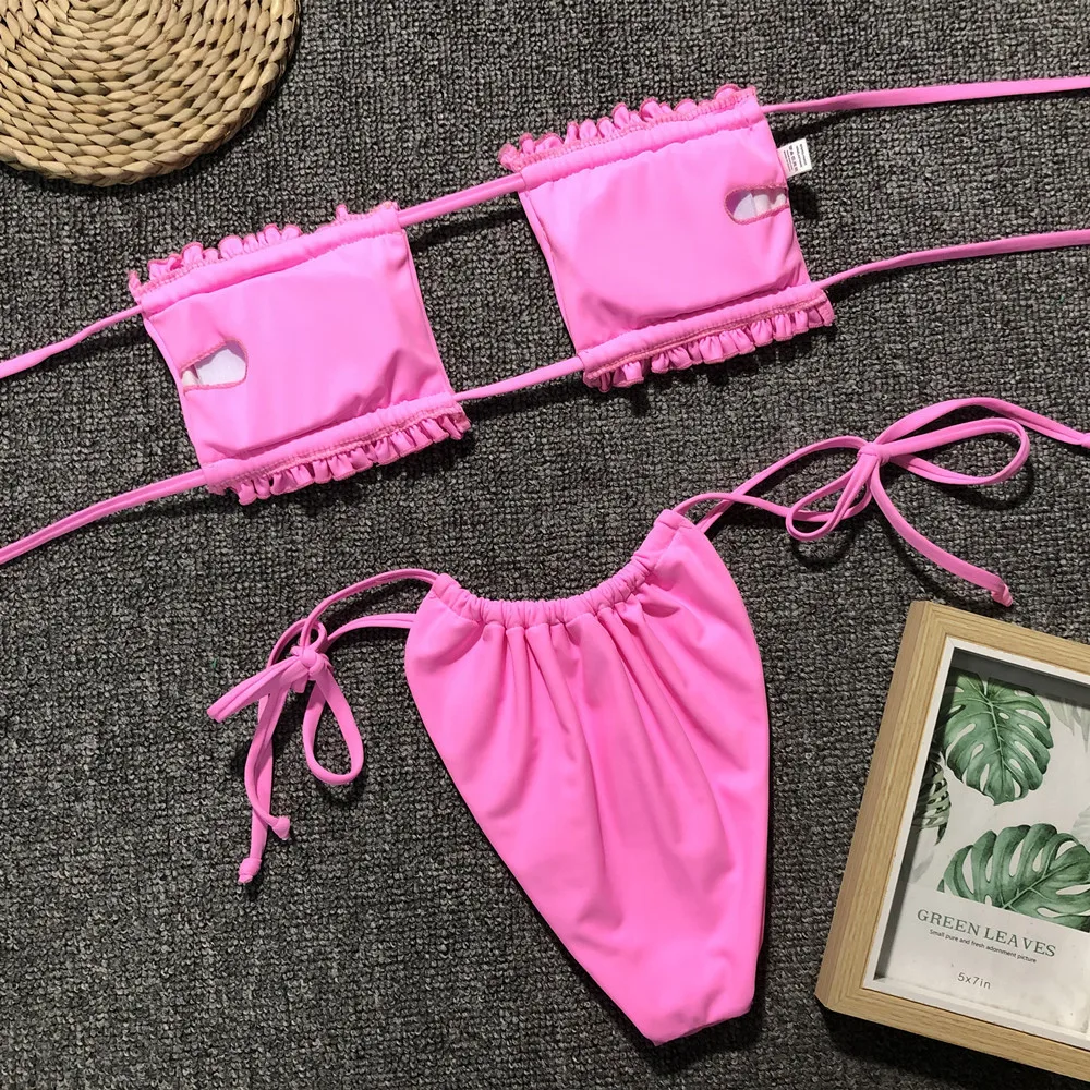 Women Bandage Fold Sexy Bikinis Set Summer Off Shoulder 2 Two Piece Swimsuit Woman String Swimwear Solid Color Thong Biquinis | Женская