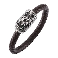 brown braided leather domineering lion bracelet men jewelry punk stainless steel magnetic clasp wristband trendy bracelet pd0145