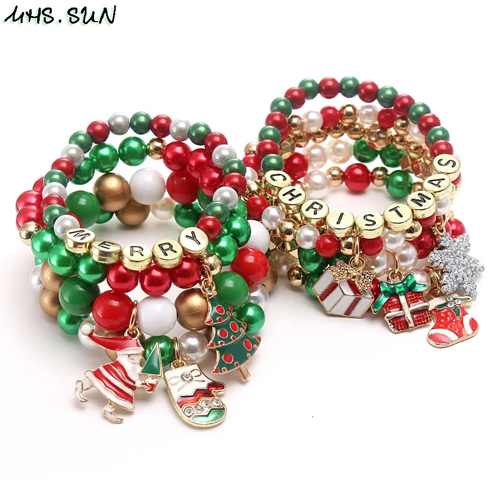 MHS.SUN 3pcs cute kids girls charms bracelets christmas style beads elastic bangles diy jewelry for children gift - купить по