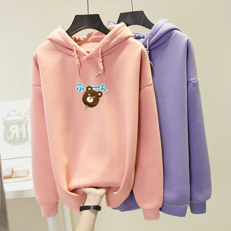 

Зимний милый свитшот с мультяшным принтом шоколадного медведя, уличная одежда, пуловер в стиле Харадзюку, флисовая толстовка большого размера в Корейском стиле