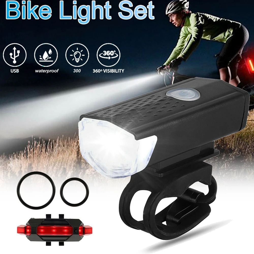 

2pcs/set Bicycle Light USB Rechargeable Bike LED Front Back Headlight Rear Taillight Safety Warning Lamp Cycling Accessories