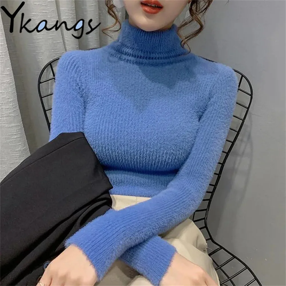 

Turtleneck Women'S Solid Sweater Pullover Winter New Warm Imitation Mink Velvet Elegant Casual Slim Female Knitting Primer Shirt