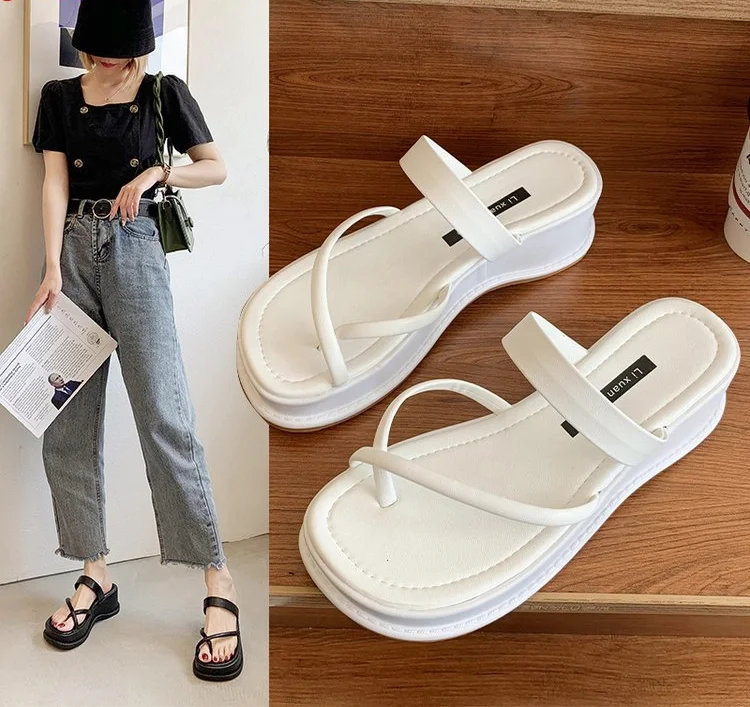 

White flip-flops with high heels of web celebrity are the new thick-soled heighten fashion wedges for women summer 2021