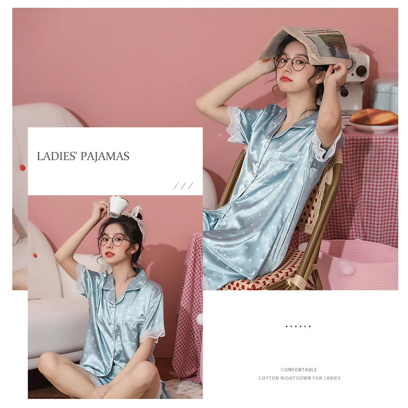 CAIYIER Summer Women Pajamas Suit Sexy New Lace Short Sleeve Sleepwear Ice Silk Satin Print Nightwear Shorts Girl Homewear M-5XL