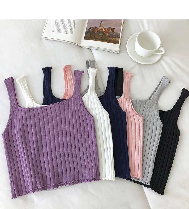 

Облегающий трикотажный женский топ на бретелях, повседневный укороченный топ с круглым вырезом, без рукавов, с рюшами, WX280, на лето