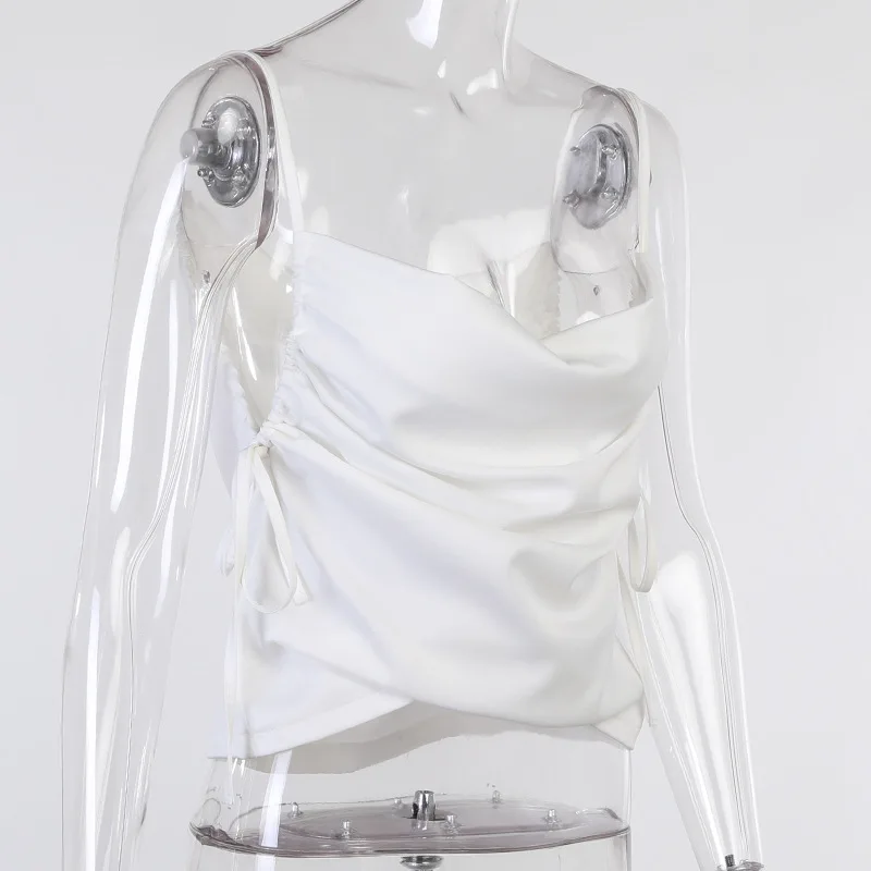 

ArtSu White Satin Tops Summer Sexy Bandage Backless Crop Top Club Streetwear Ruched Drawstring Spaghetti Strap Tank Tops VE52858