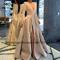 2020 a line long sleeves evening dresses long robe de soiree pockets front slit hard satin evening party dresses for womens
