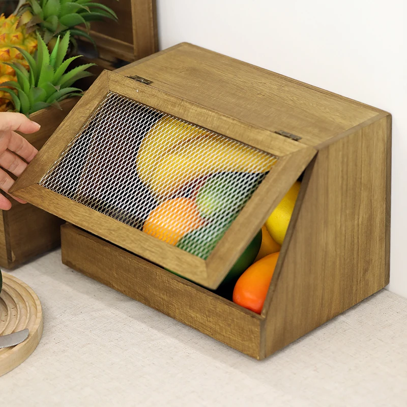 

SWEETGO Wooden Box Storage Case for Bread/Fruit Carton with Iron Net Tableware Wedding Party Home Decoration