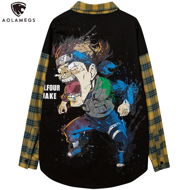 

Aolamegs Shirt Men Fake 2 Pieces Funny Comics Printed Tops Autumn Casual Full Sleeve Shirts Harajuku Hipster Advanced Streetwear