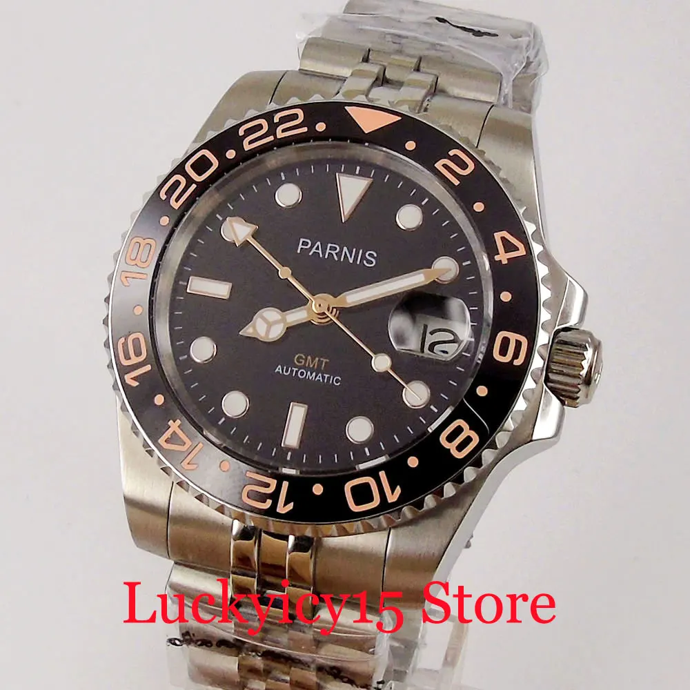 PARNIS Роскошные GMT Механические Мужские наручные часы из нержавеющей стали с
