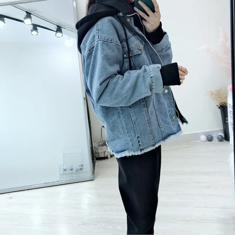 Джинсовая куртка с капюшоном джинсовая для женщин поддельные две части куртки из