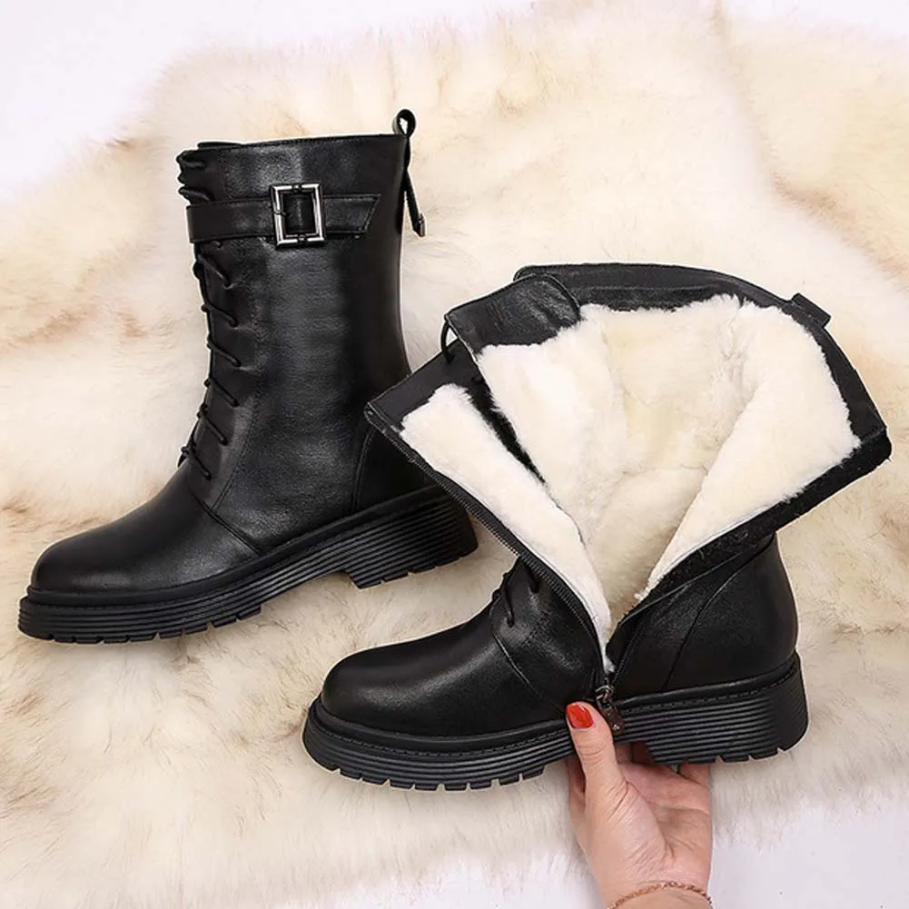 

RIBETRINI Big Size 43 Genuine Leather Skidproof Sole Outdoor Keep Warm Plush Wool Snow Boot Chic winter boots Boots Women