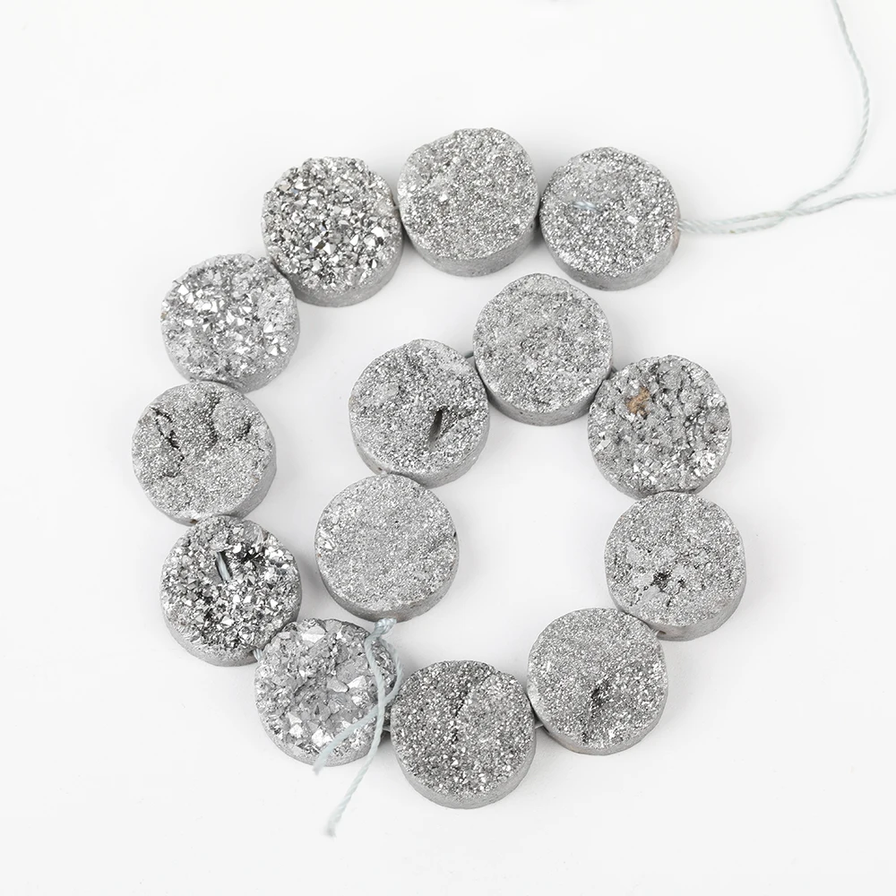 

14mm Middle Drilled Silvery Titanium Druzy Geode Agates Slab Loose Beads Strands,Round Drusy Beads Necklace Making XFX-166AMEE