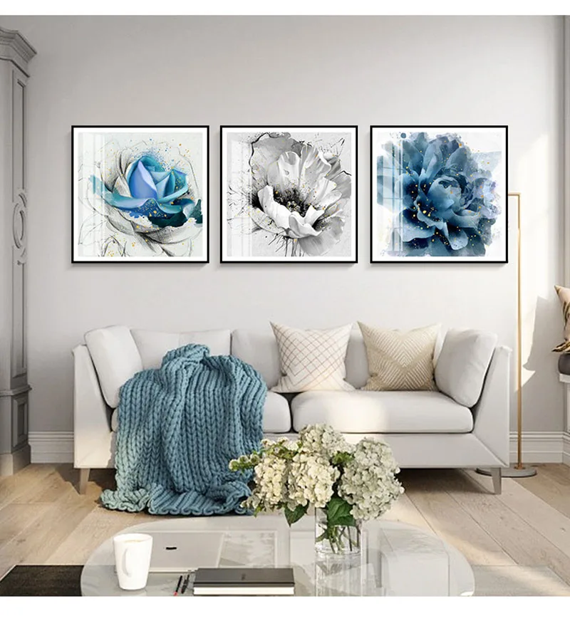 

golden slivery and Ink blue Abstract Subshrubby peony flower modern Nordic decorative Painting for Home Canvas Wall Art Poster