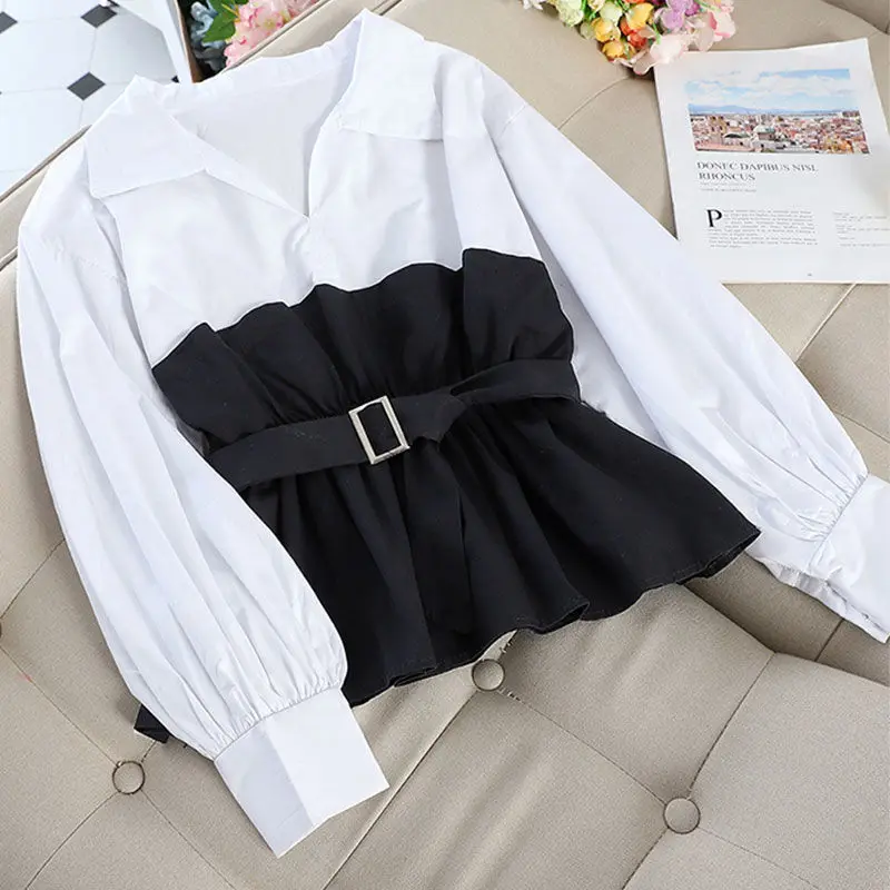 

White Collar Shirt Ruffles Casual Blouse Tops Women Long Sleeve Stitching Tunics V Neck Ladies Clothes With Belted 2021 Fashion