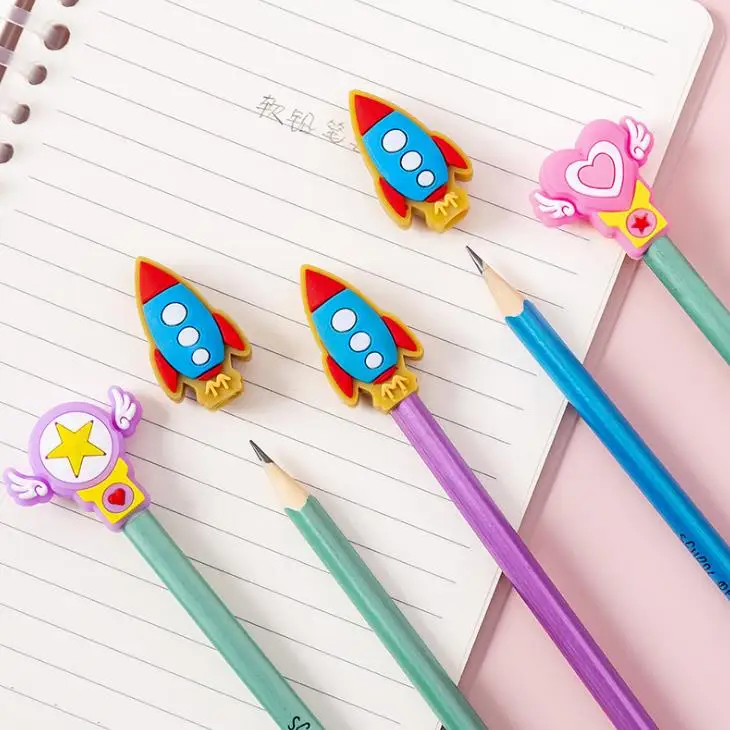 3 Pcs/pack Cartoon Dinosaur Cactus Rocket Wing Star Silicone Pencil Caps Protection Cap Extender Pen Grip Stationery | Канцтовары для