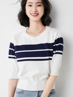 striped womens western style t shirt new atyle sleeve top women round neck pullover casual all match jacket 60117