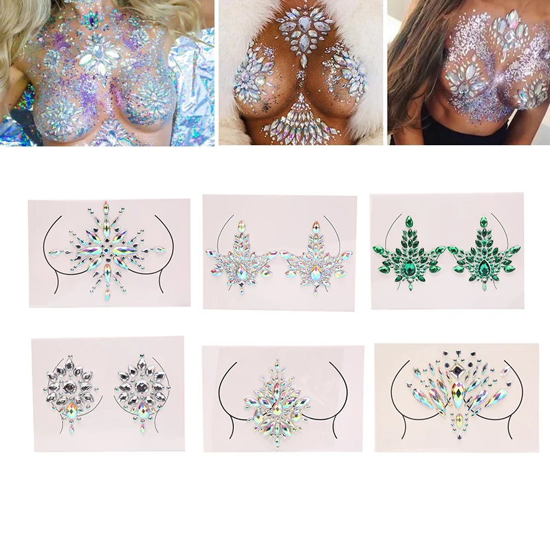 

Acrylic Colorful Crystal Breast Chest Paste Sexy Breast Self Adhesive Stickers Breathable Nipple Bra Breast Stickers