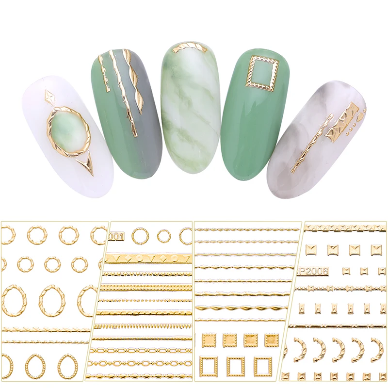 1 лист набор 3D наклеек для ногтей металлик розовое золото этнический клей