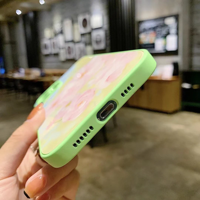 

Phone Case For iPhone 11 12 Pro Max 7 8 Plus X XR XS Max Mini Cute Flower Glass Back Cover