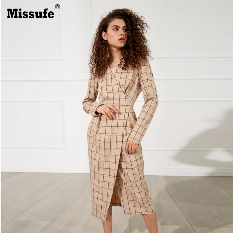 Missufe женское клетчатое облегающее платье 2019 осень-зима с v-образным вырезом и