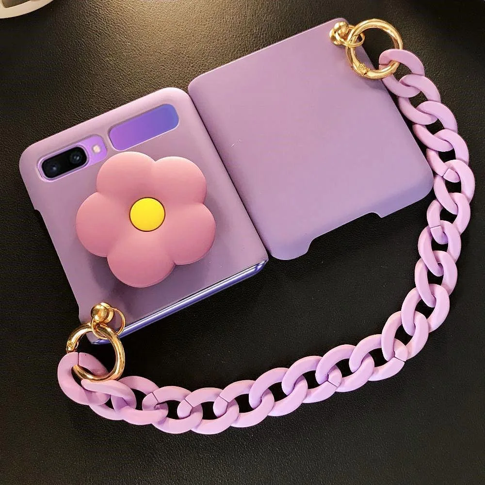 Korean Fashion DIY Cute Flower Bracket Stand Holder Hand Chain Case Cover For Samsung Galaxy Z Flip 4G 4 3 5G Frosted Hard Cover