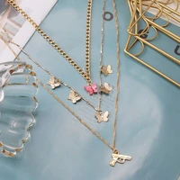 2021 new fashion chain jewelry butterfly pendant multilayer small pistol pendant necklace hip hop jewelry female