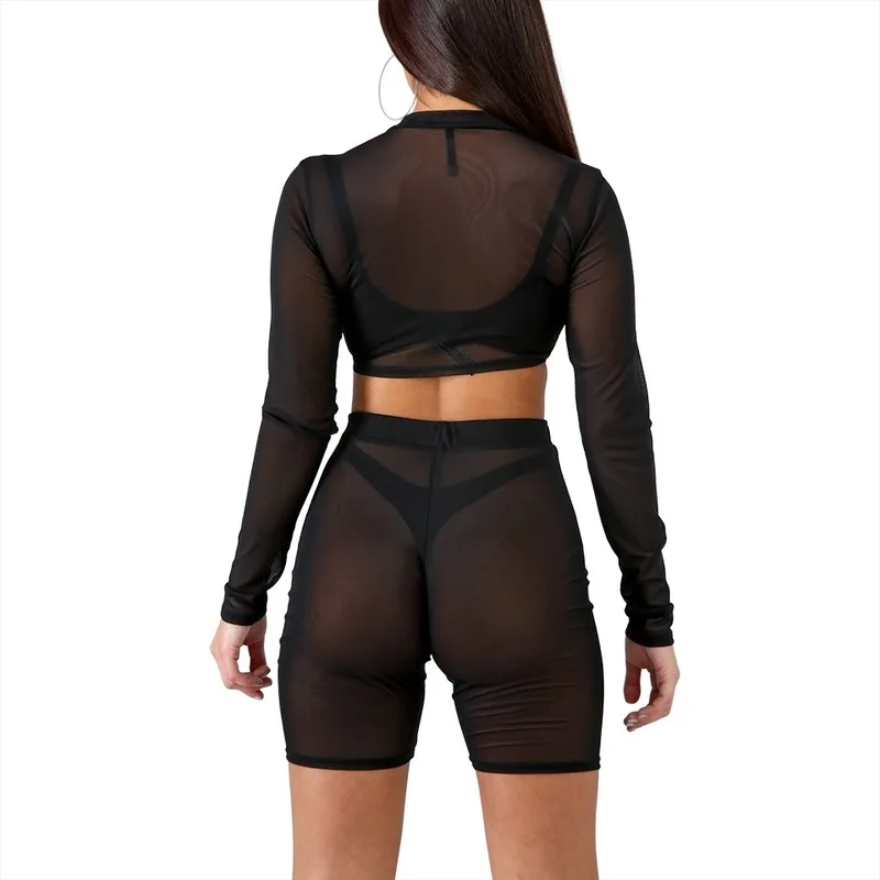 Сетчатый Женский комплект 2 шт. топ с длинными рукавами и шорты из двух предметов