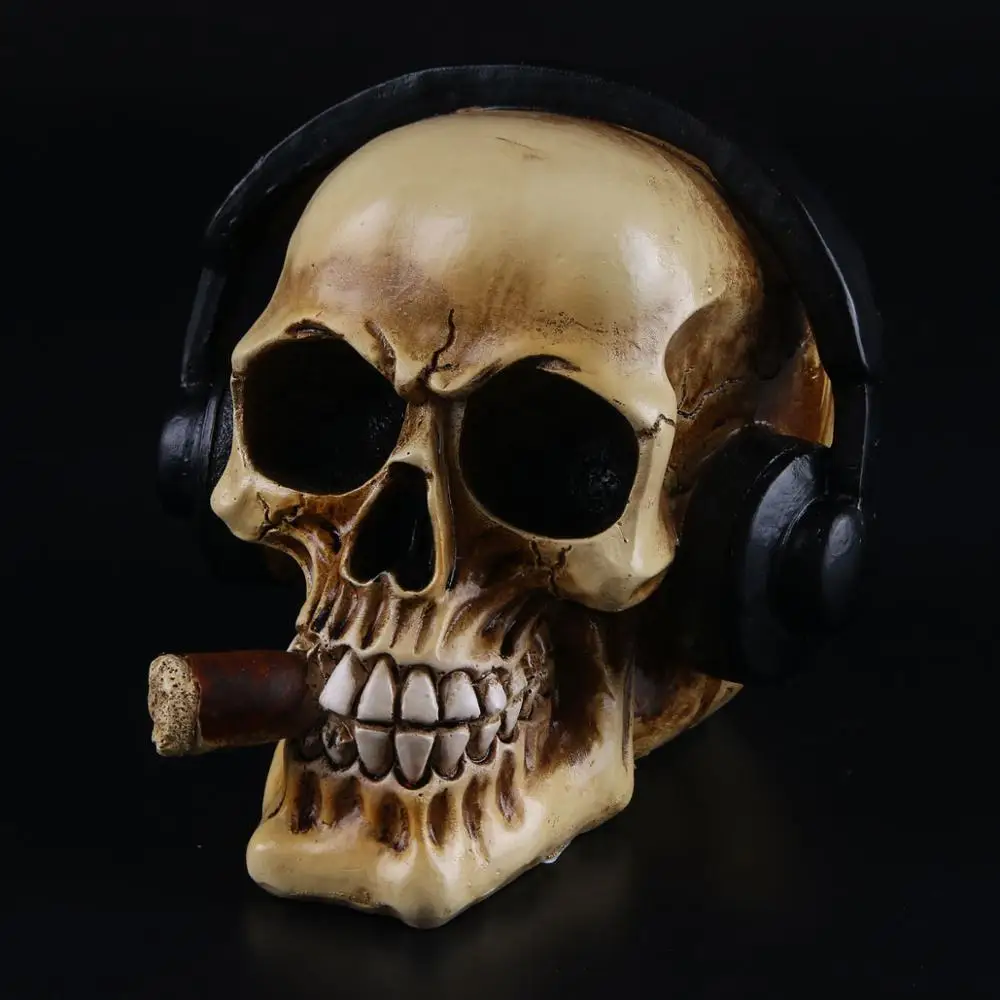 

home decoration human skull resin statue smoking skull headset sculpture Halloween trick toy personality party decoration p0774