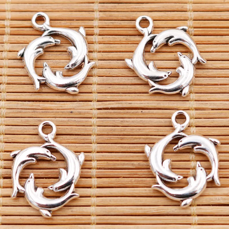 20 штук Популярные Подвески трех Дельфин 20*16 мм посеребренные подвески из металла
