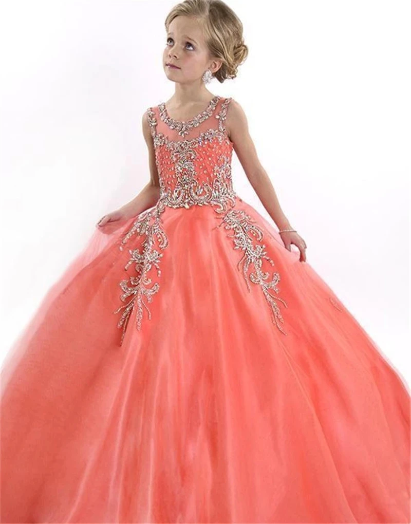 Coral Flower Girl Dresses For Weddings Ball Gown Tulle Beaded Long First Communion Dresses For Little Girls Pageant Dresses champagne ballgown tulle tutu dresses ballgown flower girl dresses for weddings kids first communion dresses