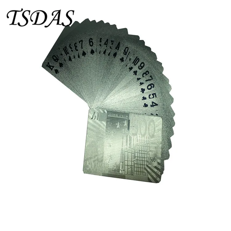 Пластиковые игральные серебряные карточки евро 500 фольга покер набор карты 54