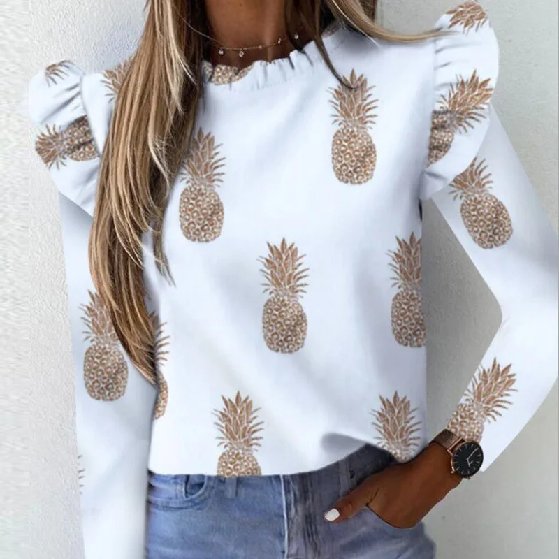 

Women Elegant Pineapple Striped Print Ruffle blouse shirts Office Lady New Summer Short Sleeve Slim Blouses Casual O-neck tops