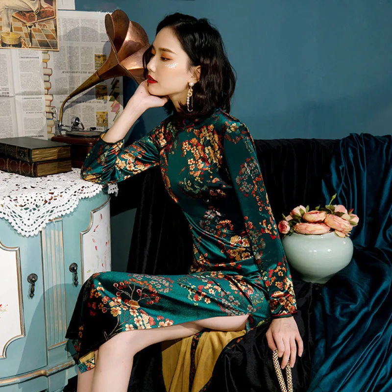 Sheng Coco, большие размеры, L-5XL, длинные платья, платье Чонсам с длинным рукавом, цветочный велюр, китайское платье, Дамский воротник-мандарин, Восточный Qi Pao