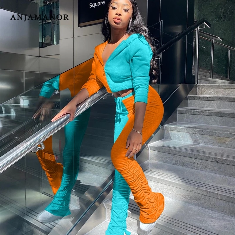 

ANJAMANOR 2 Piece Set Color Block Split Stacked Pants and Long Sleeve Zip Up Hoodie Sports Sweat Suits Women Tracksuit D49-DG77