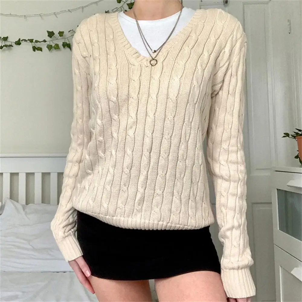 

2021 autumn and winter new solid color twist texture V-neck sweater all-match casual long-sleeved sweater top