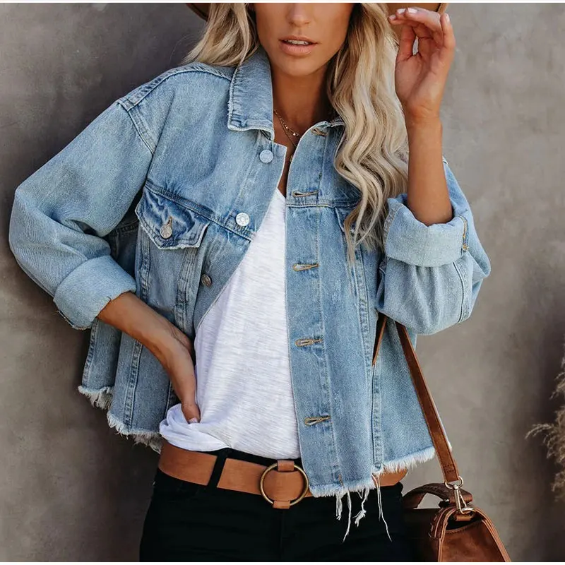 Классические синие женские Джинсовая куртка размера плюс свободная короткая в