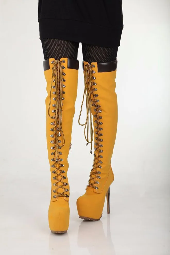 

Wind long lace up locomotive boots high waterproof platform high heel boots can be over the knee to show thin